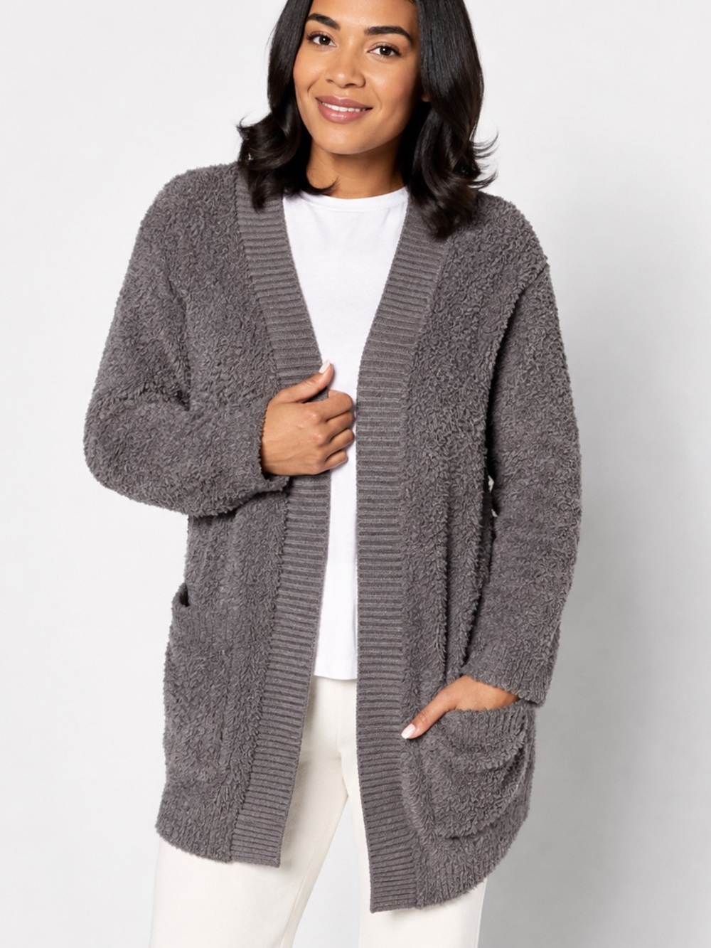 Barefoot Dreams CozyChic Knit Rib Cardigan Driftwood Size XL NWT New